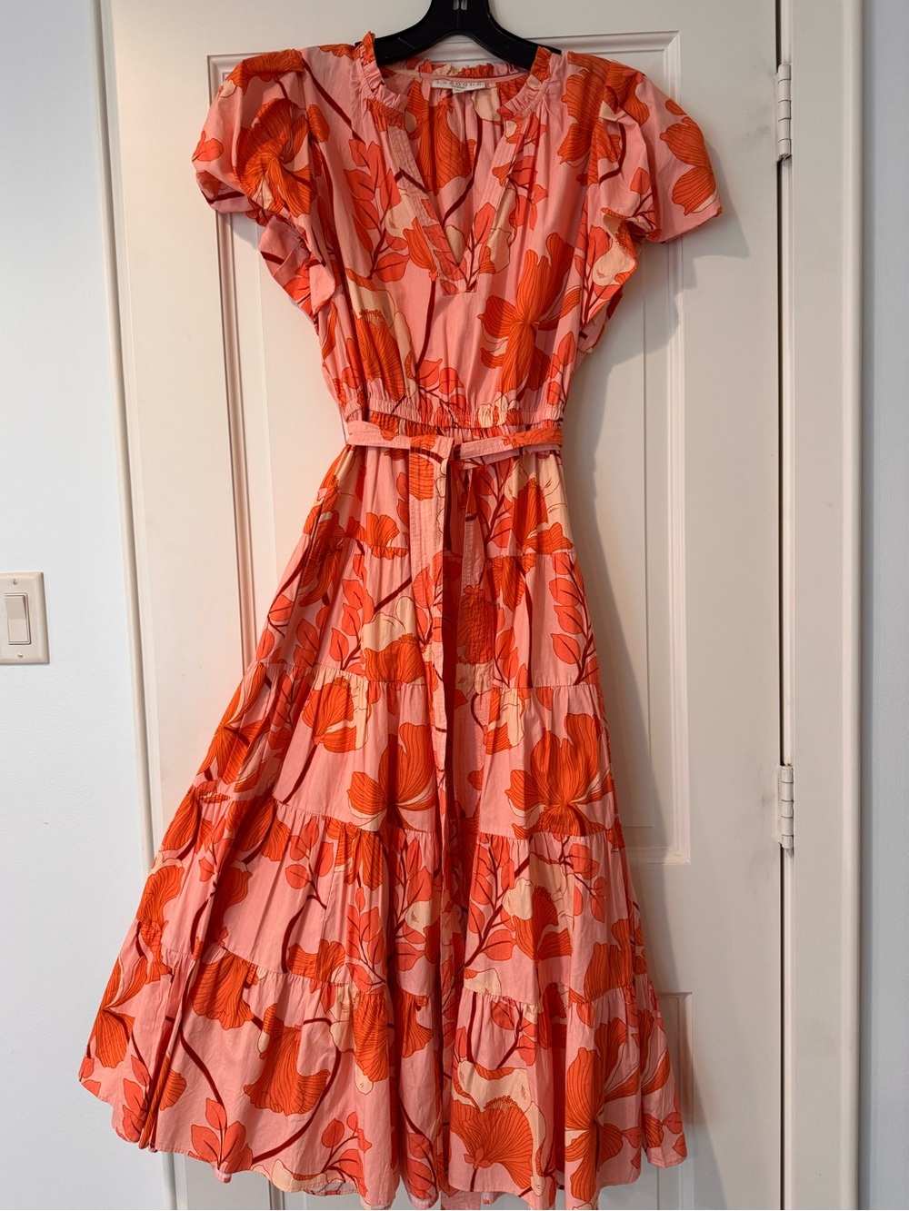 Laroque Floral Pink & Orange Tiered Maxi Dress with Tie Waist